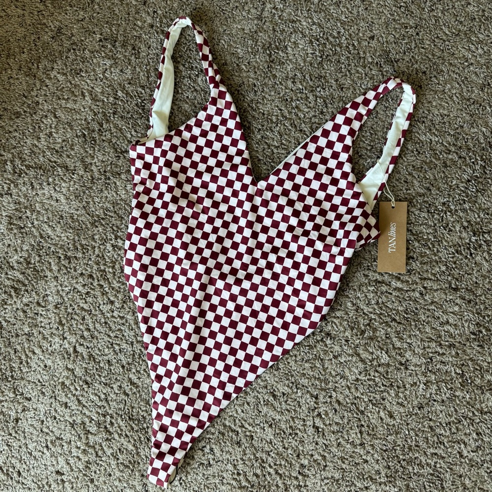 NWT TAN+lines by Sivan Ayala Maroon and White Checkered One Piece Swimsuit